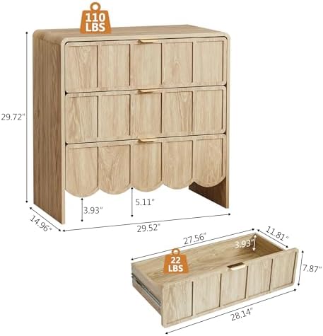 3 Drawer Dresser for Bedroom Set of 2, Modern Closet Chest of Drawers with Wave Fluted Drawer, Wood Storage Small Dresser Organizer for Nursery Bedroom Living Room Hallway Closet (Natural)