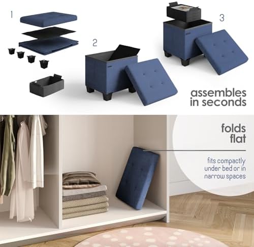 Storage Ottoman Cube with Small Bin, 15-in Square Ottoman with Storage for Living Room and Bedroom, Small Ottomans Foot Rest, Fabric Foot Stools Ottomans Max 330lbs, Blue