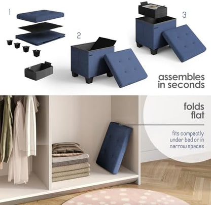 Storage Ottoman Cube with Small Bin, 15-in Square Ottoman with Storage for Living Room and Bedroom, Small Ottomans Foot Rest, Fabric Foot Stools Ottomans Max 330lbs, Blue