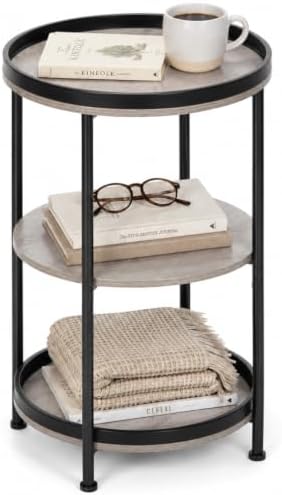 Dulcii Side Table, Round End Table with 3 Storage Shelves for Living Room, Bedroom, Nightstand with Steel Frame for Small Spaces, Industrial Round Sofa Table, Outdoor Accent Coffee Table, Oak