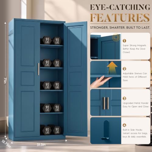 71” Metal Pantry Cabinet,Kitchen Pantry Storage Cabinets with Doors and 4 Adjustable Shelves,Tall Metal Storage Cabinet,Blue Pantry Cabinets Cupboard for Kitchen,Dining Room,Living Room and Bathroom