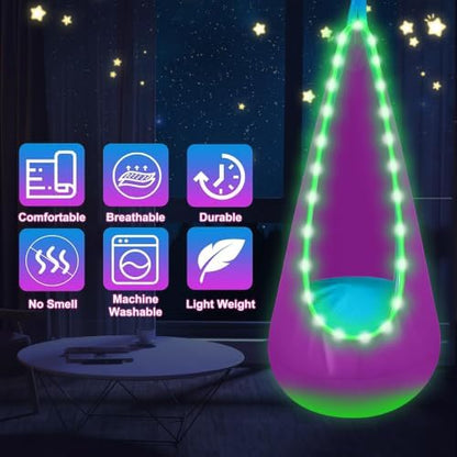 Light Up Kids Pod Swing, Indoor Outdoor Hammock Seat w/ LED Lights, Purple