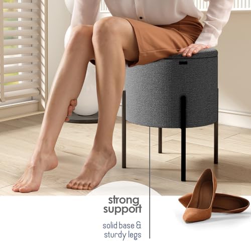 Round Ottoman with Storage, Boucle Storage Foot Stool, Makeup Vanity Stool, Small Ottoman Foot Rest, Modern Ottomans for Living Room and Bedroom, Grey
