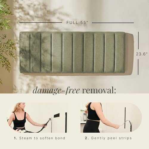 Nestl Upholstered Full Headboard - Easy Assemble Channel Stitched Headboard Full Size - Wall Mounted Headboards with 3D Soundproof Wall Panels Peel & Stick Floating Headboards, Olive Green