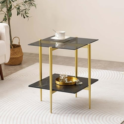 Square Glass End Table, Mid-Century Modern Side Table for Living Room, L18xW18xH23inch, Grey Glass and White Marble MDF Wood, Gold Finish Frame