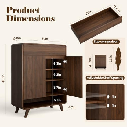Pamapic Shoe Cabinet with 2 Doors,Shoe Storage Cabinet with 1 Drawer & Rounded Corner,4‑Tier Shoe Rack with Adjustable Shelves,Wooden Shoes Cupboard for Living Room, Entryway,Hallway,Walnut
