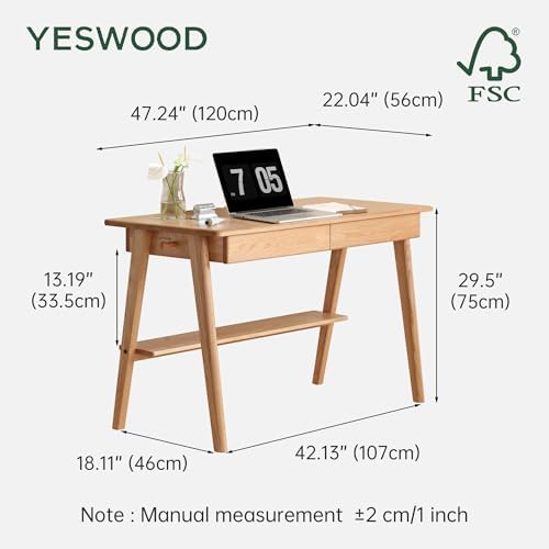 100% Solid Wood Desk with Drawers, Mid Century Modern Oak Desk, Home Office Computer Desk for Study Writing 47.24" W