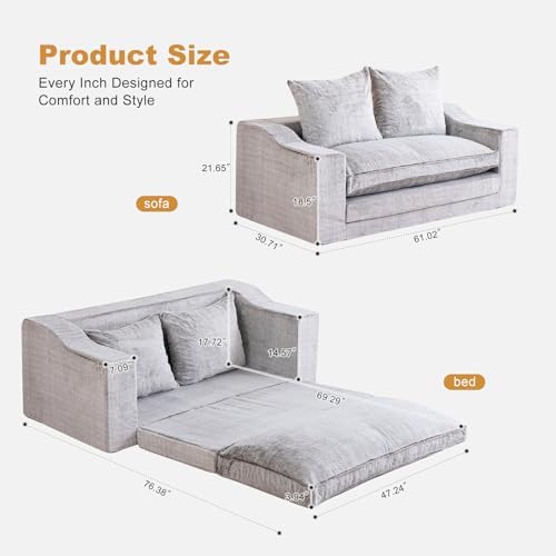 61" Boneless Loveseat Sleeper, Folding Sofa Bed, Faux Fur Cover, Dove Grey