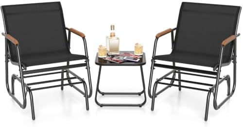 GIANTEX 3-Piece Outdoor Glider Set, 2-Pack Rocking Chairs with Small Tempered Glass Coffee Table, Metal Frame, Porch Rocker, Patio Bistro Set for Outside, Garden, Backyard, Balcony, Black