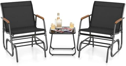 GIANTEX 3-Piece Outdoor Glider Set, 2-Pack Rocking Chairs with Small Tempered Glass Coffee Table, Metal Frame, Porch Rocker, Patio Bistro Set for Outside, Garden, Backyard, Balcony, Black