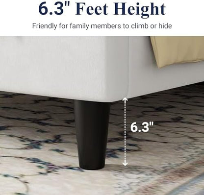 Allewie Queen Bed Frame/Velvet Upholstered Bed Frame with Vertical Channel Tufted Headboard/Strong Wooden Slats/Platform Bed Frame/Mattress Foundation/Box Spring Optional/Easy Assembly/White