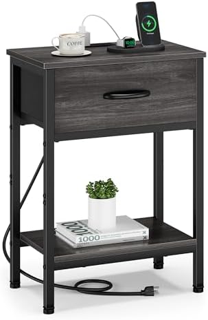 Nightstand with Charging Station, End Table with Fabric Drawer, Small Side Table with 2-Tier Storage Shelves, 25.4" Tall Night Stand, Bedside Table for Bedroom, Living Room, Dorm, Black Oak