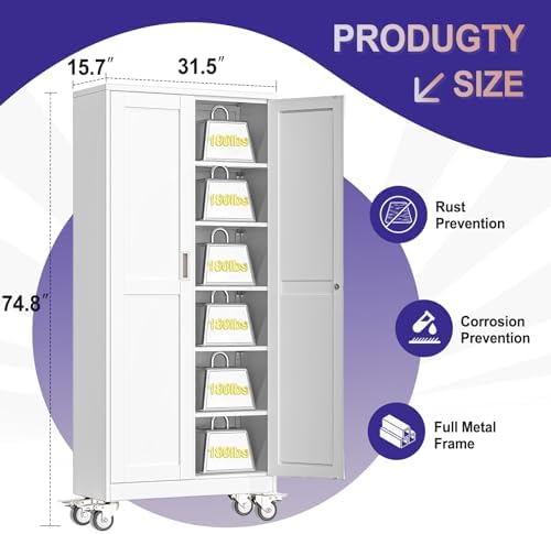 Metal Storage Cabinet with Wheels,Tall Rolling Garage Storage Cabinet with 2 Doors and 5 Adjustable Shelves - 75" Steel Lockable File Cabinet,Locking Tool Cabinets for Garage,Office,Gym,School(White)