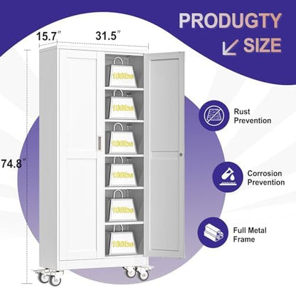 Metal Storage Cabinet with Wheels,Tall Rolling Garage Storage Cabinet with 2 Doors and 5 Adjustable Shelves - 75" Steel Lockable File Cabinet,Locking Tool Cabinets for Garage,Office,Gym,School(White)