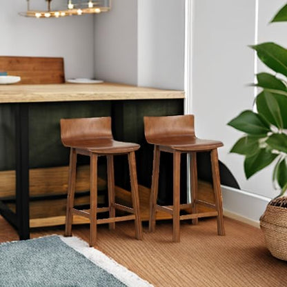GIANTEX 24.5" Bar Stools Set of 2, Counter Height Bar Stools w/Low Back & Footrest, Farmhouse Wooden Bar Dining Chairs, Armless Wood Barstools for Kitchen Island, Pub, Kitchen, Cafe, Breakfast, Brown