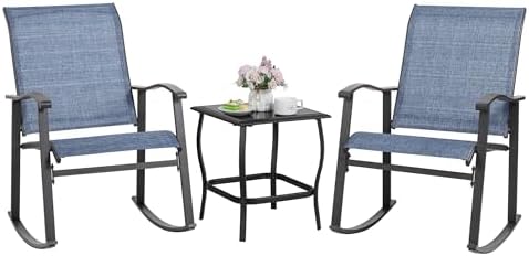 Shintenchi Rocking Chair Outdoor with Table, 3 Piece Rocking Patio Bistro Set, Outdoor Furniture Set with Metal Frame and Textilene Fabric for Small Space, Dark Blue