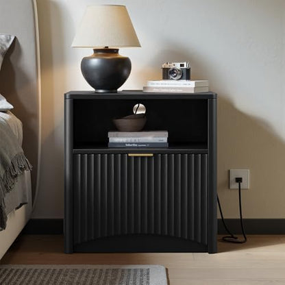 Evermagin Fluted Nightstand Set of 2 with Charging Station, Black