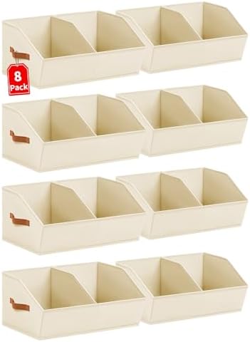 Closet Organizers and Storage Bins - 8 Pack Collapsible Divided Trapezoidal Cube Storage Bins Baskets with Orange Handle for Organizing Clothes Blankets, Toys, Books, Towels(Beige)
