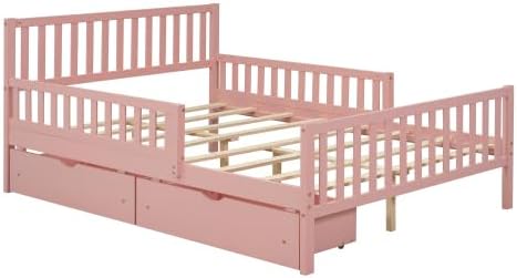 Bellemave Girls Full Bed Frame with Fences and 2 Drawers, Kids Full Platform Bed with Guardrails on Both Sides, Pink