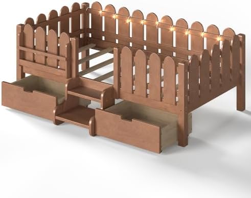 Bellemave Twin Size Platform Bed with Storage Drawers & Bookshelf for Boys Girls, Kids Twin Bed Frame with LED Lights & Stairs for Children's Room, Deep Natural