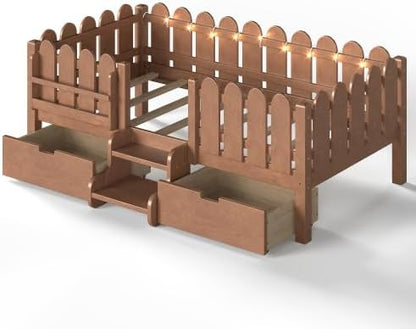 Bellemave Twin Size Platform Bed with Storage Drawers & Bookshelf for Boys Girls, Kids Twin Bed Frame with LED Lights & Stairs for Children's Room, Deep Natural