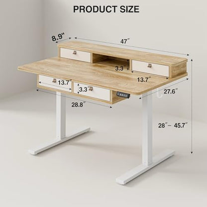 Grandder Electric Standing Desk with Four Drawers, Sit to Stand Up Height Adjustable Desk with Storage Shelf for Home Office, 47 * 28 Inch, Study, Ergonomic Adjustable Computer Desk, Oak