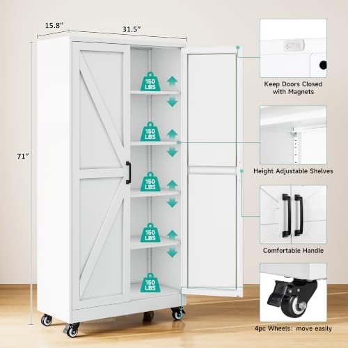 SISESOL 71" Tall Metal Storage Cabinet with Wheels,Rolling Garage Storage Cabinet,White Metal Cabinets with Wheels and Shelves, Deep Heavy Duty Tool Cabinet for Garage,Home,Office,Shop