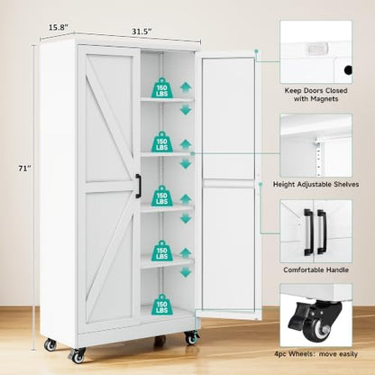 SISESOL 71" Tall Metal Storage Cabinet with Wheels,Rolling Garage Storage Cabinet,White Metal Cabinets with Wheels and Shelves, Deep Heavy Duty Tool Cabinet for Garage,Home,Office,Shop