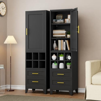 Tall Narrow Storage Cabinet with Door, Drawers & Wine Rack, Freestanding Black Pantry Cupboard with Golden Handles, Modern Display Cabinet for Kitchen Living Room