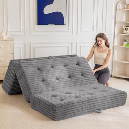 MAXYOYO Folding Sofa Couch Bed, 6 Inch Tri-Fold Floor Sofa Bed, Folding Mattress with Handles, Soft Faux Fur Folding Bed with Supportive Foam Filling, Portable Couch for Living Room, Full, Grey