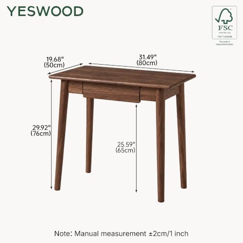 100% Solid Wood Home Office Desk, Oak Wood Writing Desk, Modern Computer Desk with Drawer for Sturdy Home Office Writing 31.49" W Walnut Color
