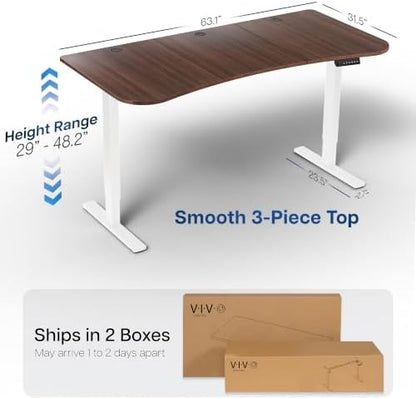 VIVO Electric Standing Desk, Smooth 3-Piece 63" x 32" Dark Walnut Top