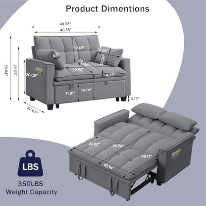 Sleeper Sofa with Pull Out Couch Bed, 48.43" Convertible Pull-Out Sofa Bed Chair, 3-in-1 Futon Couch with Reclining Backrest and Side Pockets for Living Room Bedroom Apartment, Light Grey