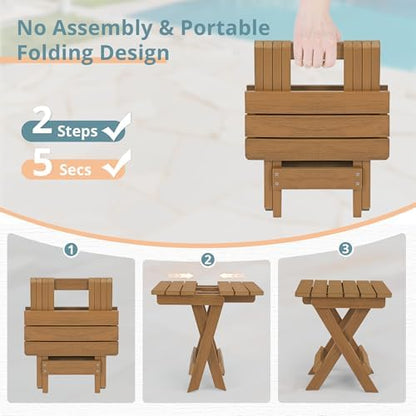 LUE BONA Small Outdoor Folding Side Table, 14 Inch, Teak Color Oil Printed