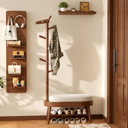 AQIMUELE Shoe Bench with Coat Rack, Shoe Rack with 9 Hooks, Walnut