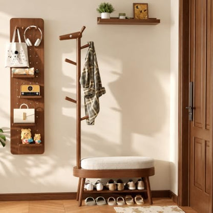 AQIMUELE Shoe Bench with Coat Rack, Shoe Rack with 9 Hooks, Walnut