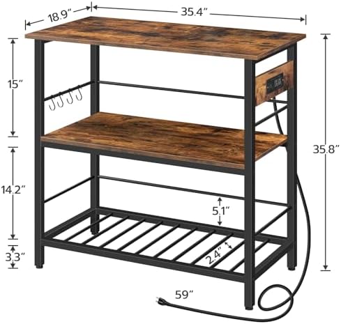HOOBRO Kitchen Island with Storage, Kitchen Island Table with Power Outlet, 35.4" L 3 Tier Coffee Station and Microwave Stand, for Home, Dining Room, Rustic Brown and Black BF021ZD01