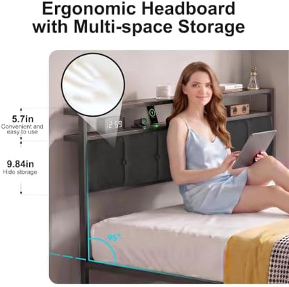 Queen Bed Frame with Storage Drawers, Upholstered Headboard with LED Lights and Charging Station, Metal Platform Bed with 2-Tier Storage Shelves, Noise Free, No Box Spring Needed
