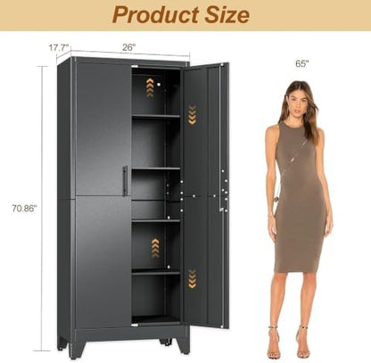 71" Metal Storage Locker Cabinet with Lock and 4 Adjustable Shelves,Steel Lockable Garage Tool Cabinet, File Cabinet,Kitchen Pantry Cabinet for Home,Office,Garage,School,Warehouse Black