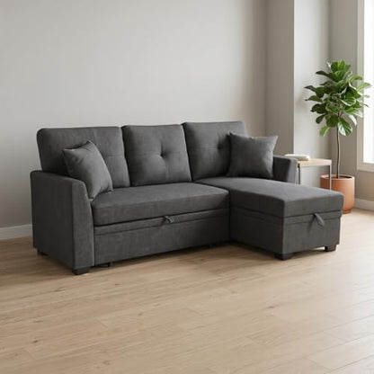Convertible Sofa Bed, L Shape Sleeper Sofa with Reversible Storage Chaise, Tufted Fabric Sectional Sleeper Sofa with Pull Out Bed for Small Space, Living Room, Apartment, Charcoal Black