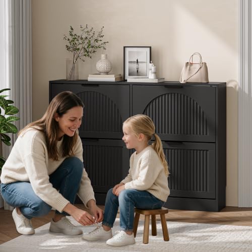Fluted Shoe Storage Cabinet for Entryway, 4 Flip Drawers, Black