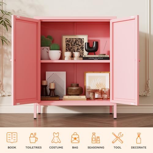 2 Door Metal Storage Cabinet-Small Bathroom Storage Cabinet with 1 Adjustable Shelf,Metal Freestanding Sideboard for Home Office, Living Room, Hallway, Entryway(Square Door, Pink)