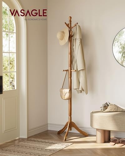 VASAGLE Freestanding Coat Rack, Rubber Wood Coat Tree with 9 Hooks