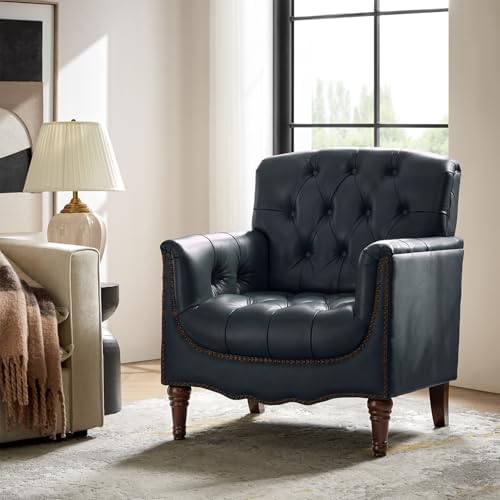 HULALA HOME Mid Century Modern Genuine Leather Accent Chair, Navy