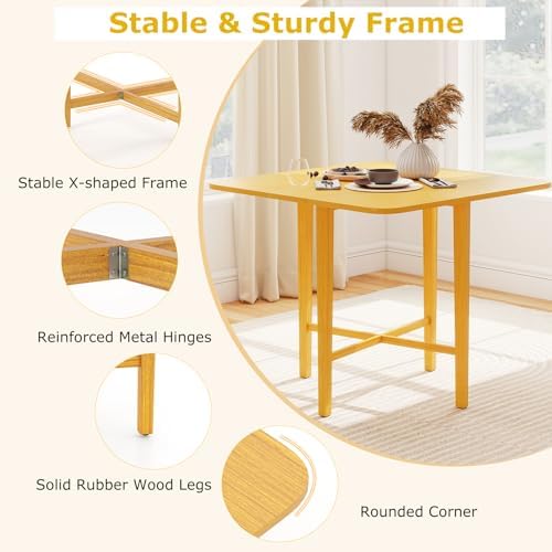 GIANTEX 36" Folding Dining Table for 2-4, Extendable Drop Leaf Kitchen Table with Solid Rubber Wood Frame, Space-Saving Dinner Table for Small Space, Living Dining Room, Dinette, Natural