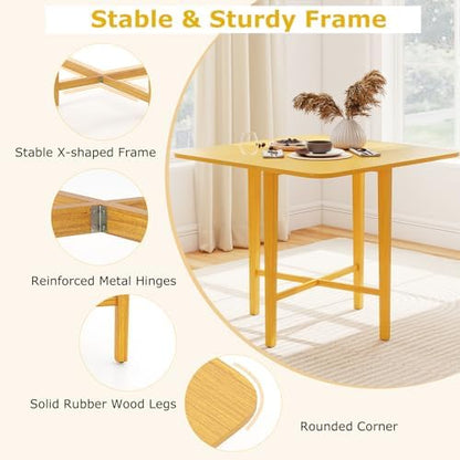 GIANTEX 36" Folding Dining Table for 2-4, Extendable Drop Leaf Kitchen Table with Solid Rubber Wood Frame, Space-Saving Dinner Table for Small Space, Living Dining Room, Dinette, Natural