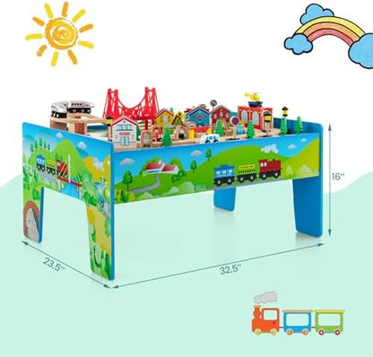 GLACER Train Table, 80 Pieces Wooden Toy Activity Table with Reversible Top