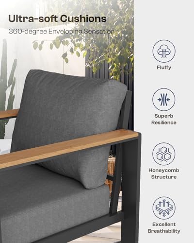 Aluminum Outdoor Patio Furniture Set with Coffee Table, 4 Piece Patio Conversation Sets with Washable Thick Cushions, Outdoor Sectional Furniture Set for Porch, Balcony, Deck, Graphite