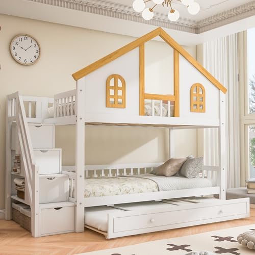LUMISOL Twin Over Twin House Bunk Bed with Trundle, Solid Wood Bunk Bed with Stairs and Safety Guardrails, Twin Bunk Beds with Storage, White+Natural