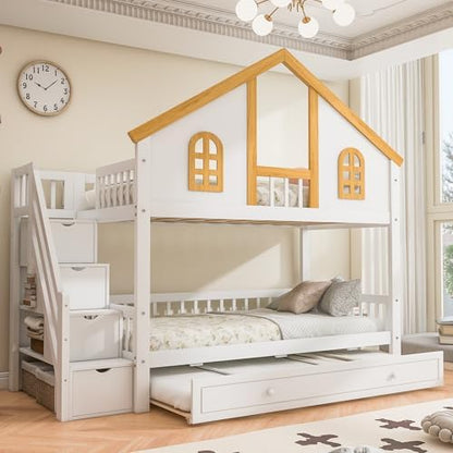 LUMISOL Twin Over Twin House Bunk Bed with Trundle, Solid Wood Bunk Bed with Stairs and Safety Guardrails, Twin Bunk Beds with Storage, White+Natural